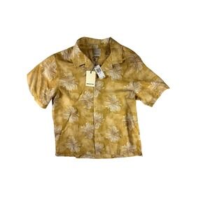 INDUSTRY Mens Tropical Floral Print Short Sleeve Button Up Shirt Gold Large NEW
